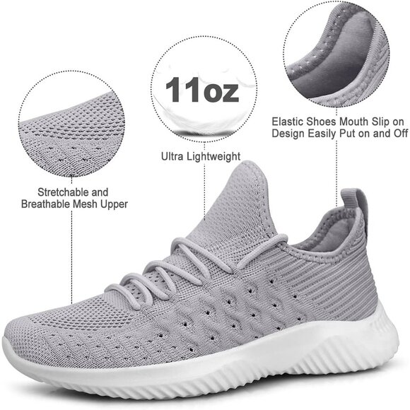 Women's Light Grey Slip-On Walking Shoes Lightweight Breathable Non-Slip Sneaker - Picture 2 of 6